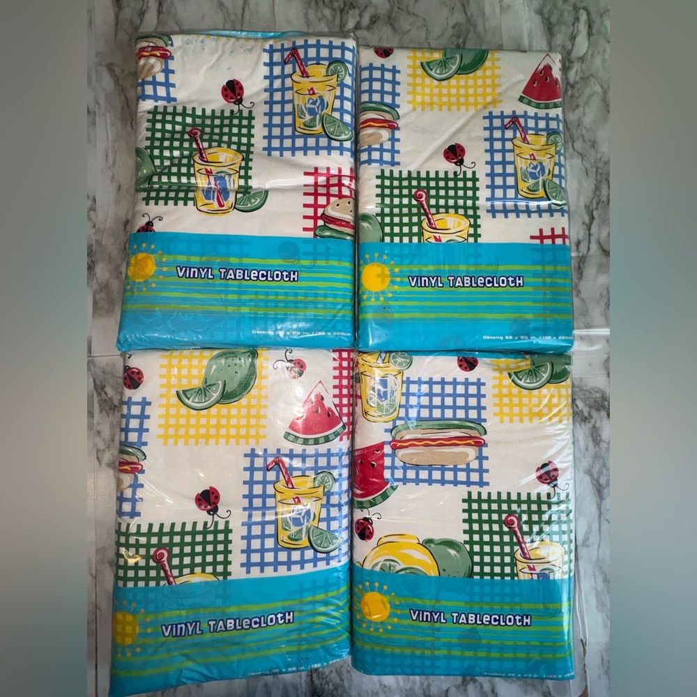 Lot of 4  Vinyl Tablecloth  Kmart summer picnic colorful print oblong 52X90 inch